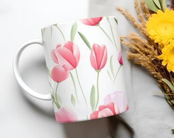 Beautiful Tulips Mug, Pressed Tulips Mug, Spring Cup, Pink Flowers, Flower Lover Gift, Floral Mug, Pressed Flower Mug