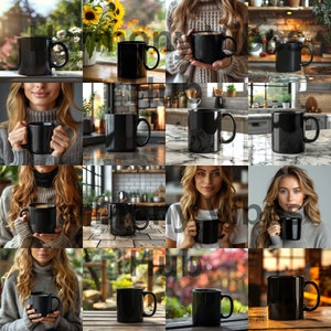 May include: A collage of images featuring black ceramic mugs. Some mugs are held by people, while others are on tables and countertops. The mugs are all the same design, with a smooth, glossy finish.