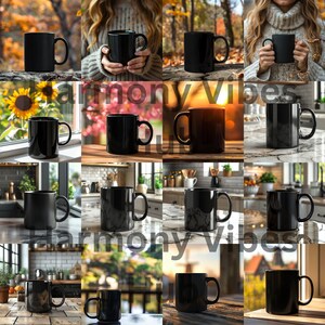 May include: A collage of 12 images featuring black ceramic mugs with a handle. The mugs are shown in various settings, including a kitchen, a forest, and a sunset.