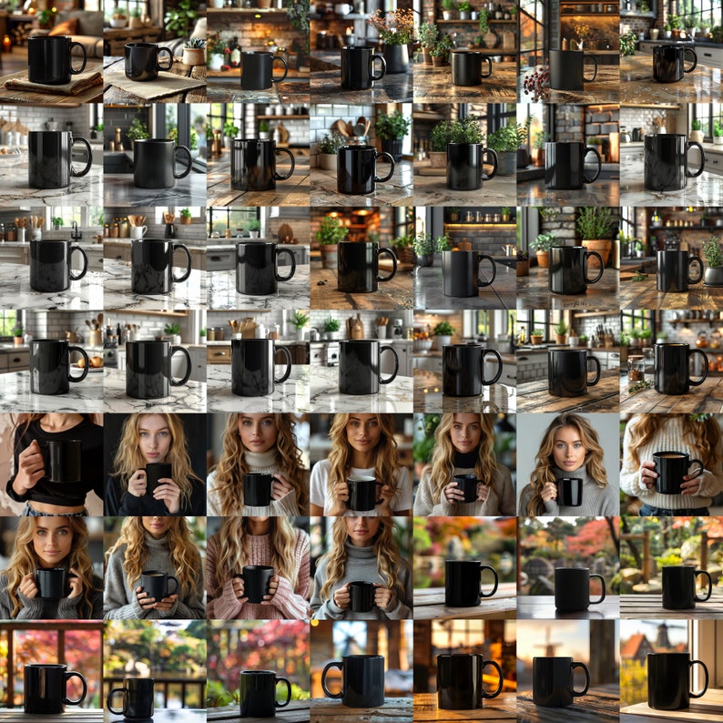 May include: A collage of images featuring black mugs in various settings, including a kitchen, a living room, and outdoors. Some mugs are empty, while others are filled with a dark liquid. The mugs are all the same design, with a simple, sleek silhouette.