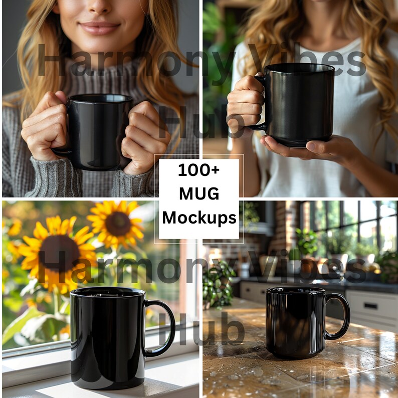 May include: A collage of images featuring black ceramic mugs. The mugs are shown in different settings, including a person holding a mug and a mug sitting on a table.