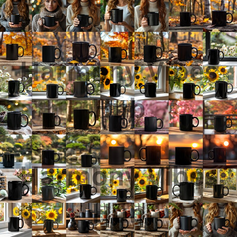 May include: A collage of 36 images featuring black coffee mugs in various settings, including nature, indoors, and with people. The mugs are all the same design, with a simple black finish.