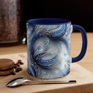 Navy Blue Floral Coffee Mug: Elegant Marble Tea Cup