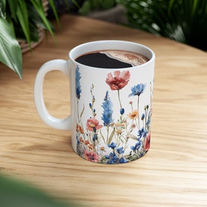 Floral Ceramic Mug Beautiful Watercolor Wildflowers Pressed Flowers ...