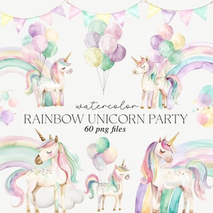 Unicórnio Clipart, Pastel Arco-íris Unicórnio Festa Clip Art, Aquarela Unicórnios e Arco-íris Balões, Festa Aniversário Convite Clipart Unicórnio