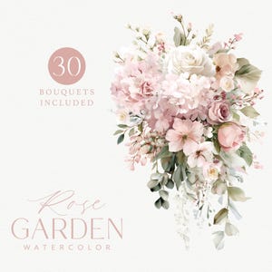 Akvarell dammrosa och elfenbensfärgade blommor clipartpaket, 30 dammrosa blomsterarrangemang pngs