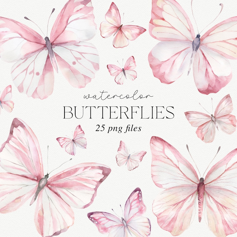 Puede incluir: Un conjunto de 25 ilustraciones de acuarela de mariposas rosas. Las mariposas est&aacute;n en varias poses y tama&ntilde;os, algunas tienen alas m&aacute;s definidas que otras. El texto "watercolor BUTTERFLIES 25 png files" est&aacute; escrito en el centro de la imagen.