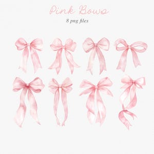 Puede incluir: Ocho ilustraciones de acuarela de lazos rosas en varios estilos. Pink Bows 8 png files.