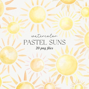 Clipart soleil, soleils aquarelle jaune pastel, graphiques soleil, lot de clipart soleil aquarelle, soleils jaunes pastel PNG