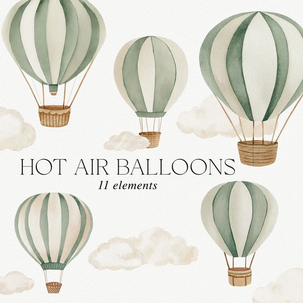 Hot Air Balloon Clipart, Green Hot Air Balloon, Hot Air Balloon Graphics, Hot Air Balloon Clip Art, Balloons and Clouds, Baby Shower Clipart