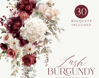 Watercolor Burgundy & Ivory Floral Clipart Pack, 30 Burgundy Fall Flower Arrangements Pngs