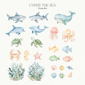 May include: A set of 24 watercolour illustrations of sea creatures, including a shark, dolphin, whale, jellyfish, octopus, turtle, crab, seahorse, starfish, fish, and seaweed. The illustrations are in a cartoon style and are perfect for use in children's books, greeting cards, or other creative projects.