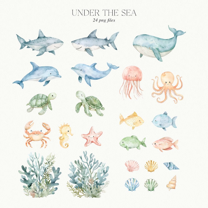 May include: A set of 24 watercolour illustrations of sea creatures, including a shark, dolphin, whale, jellyfish, octopus, turtle, crab, seahorse, starfish, fish, and seaweed. The illustrations are in a cartoon style and are perfect for use in children's books, greeting cards, or other creative projects.