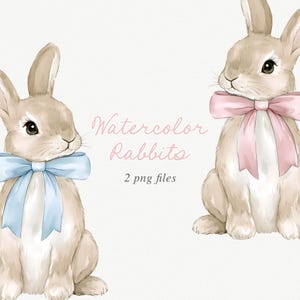 Puede incluir: Ilustración en acuarela de dos conejos con pelaje marrón claro y orejas grandes. Un conejo tiene un lazo azul claro, el otro un lazo rosa. El texto "Watercolor Rabbits" y "2 png files" está en rosa.