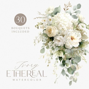 Może przedstawiać: Akwarelowa ilustracja bukietu kwiatów w kolorze kości słoniowej i bieli z zielonymi liśćmi. Obraz zawiera tekst "30 Bouquets Included" i "Ivory Ethereal Watercolor". Bukiet zawiera róże, piwonie i hortensje.