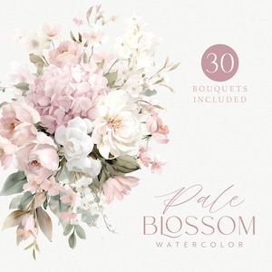 Watercolor Pastel Pink & Ivory Floral Clipart Pack, 30 Dusty Rose Flower Arrangements Pngs