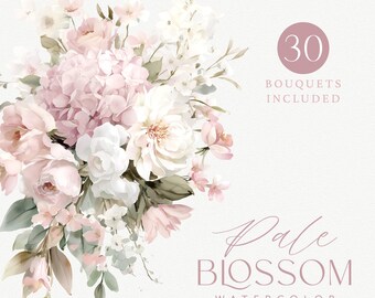 Watercolor Pastel Pink & Ivory Floral Clipart Pack, 30 Dusty Rose Flower Arrangements Pngs