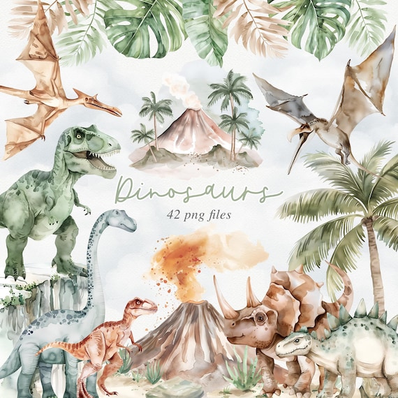Watercolor Dinosaur Clipart Bundle: Dino Party Decor (PNG)