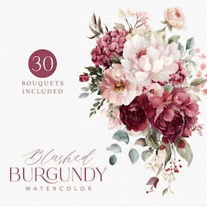 Puede incluir: Ilustración en acuarela de un ramo floral en tonos rubor, burdeos y blanco. La imagen incluye el texto "30 Bouquets Included" y "Blushed Burgundy Watercolor". Las flores incluyen peonías, rosas y otras plantas verdes.