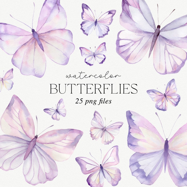 May include: A set of 25 watercolor butterfly illustrations in shades of purple and white. The butterflies are in various poses and sizes, with some having more defined wings than others. The text "watercolor BUTTERFLIES 25 png files" is written in black at the bottom of the image.