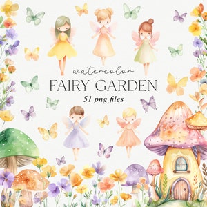 Jardin de fées aquarelle Clipart, clipart fée magique, ensemble de graphiques PNG numérique, aquarelle fées fleurs papillons couleurs pastel