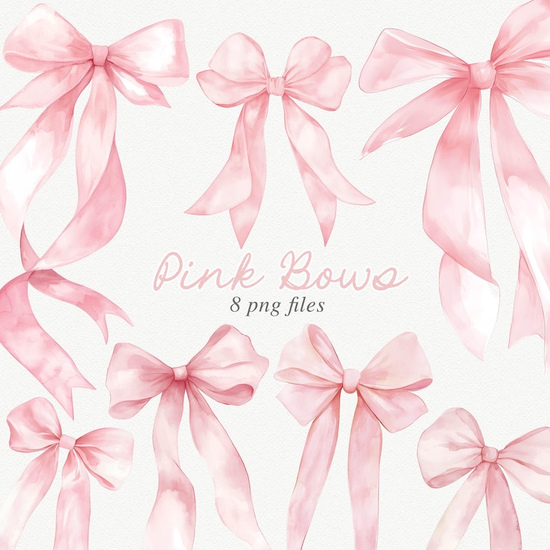 Puede incluir: Ocho ilustraciones de acuarela de lazos rosas en varios estilos y tama&ntilde;os. El texto "Pink Bows 8 png files" est&aacute; escrito en el centro de la imagen.