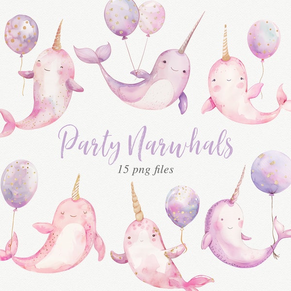 Watercolor Narwhal Clipart, Pastel Narwhal Clip Art, Party Narwhals, Pink and Purple Narwhals With Balloons, Under the Sea Clipart Pack Pink