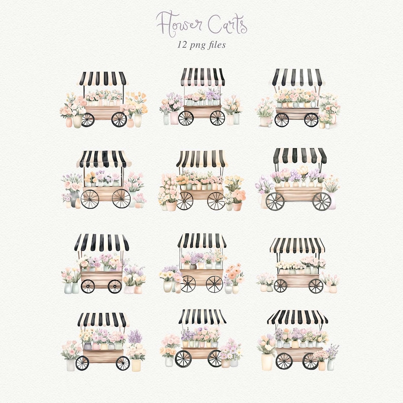 Watercolor Flower Cart Clipart: Flower Market Graphics (PNG, 300 DPI ...