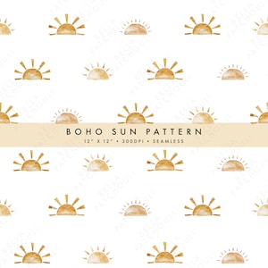 May include: A repeating pattern of watercolor sun illustrations in shades of gold and tan on a white background. The text "BOHO SUN PATTERN" is displayed, along with dimensions of 12" x 12" and the word "SEAMLESS".