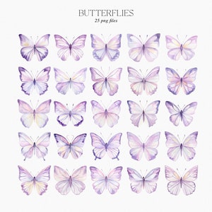 May include: A set of 25 watercolor illustrations of purple butterflies. The butterflies are in various poses and have a soft, dreamy look.