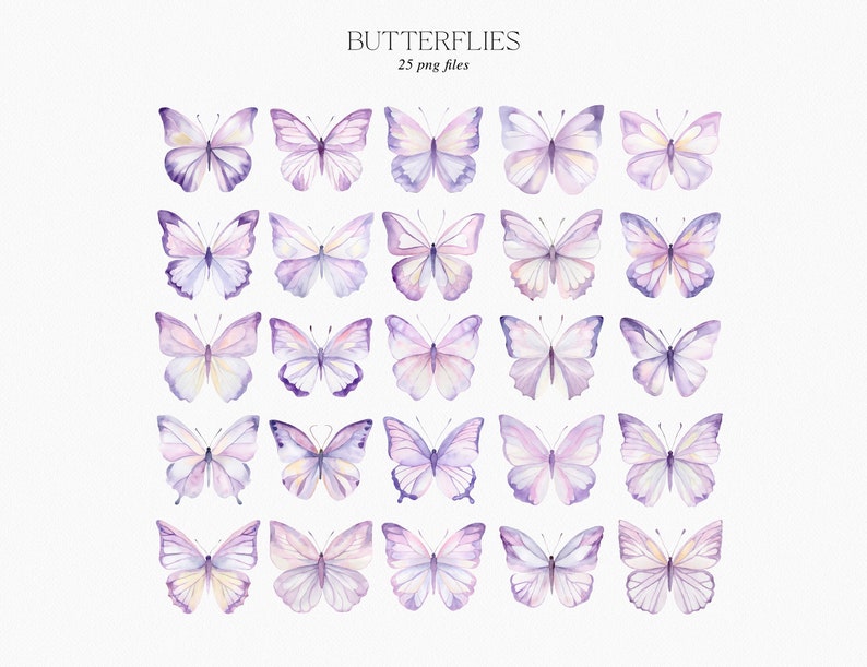 May include: A set of 25 watercolor illustrations of purple butterflies. The butterflies are in various poses and have a soft, dreamy look.
