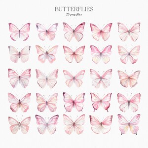 Puede incluir: Un conjunto de 25 ilustraciones de acuarela de mariposas rosas. Las mariposas est&aacute;n dispuestas en una cuadr&iacute;cula sobre un fondo blanco. Las mariposas son de diferentes tama&ntilde;os y formas, pero todas tienen un esquema de color rosa y blanco similar.