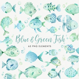 Clipart de peces de acuarela, clip art pastel bajo el mar, peces azules y verdes, peces y burbujas, paquete de clip art con temática de niños bajo el mar Aqua