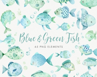 以下が含まれることがあります： 青と緑の魚の水彩画イラスト65点セット。魚は様々なポーズで、それぞれ異なる模様をしています。これらのイラストは、どんなプロジェクトにも遊び心を取り入れるのに最適です。