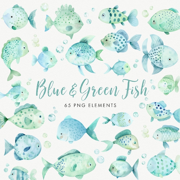 Watercolor Fish Clipart, Pastel Under the Sea Clip Art, Blue and Green Fish, Fish & Bubbles, Boys Under the Sea Theme Clip Art Pack Aqua