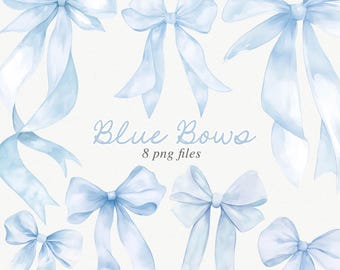 May include: Eight watercolor illustrations of blue bows. The bows are tied in different ways and are all in a light blue color. The text "Blue Bows 8 png files" is written in a cursive font below the bows.