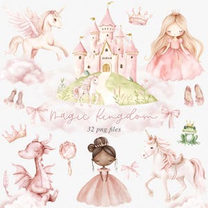 Imágenes prediseñadas de princesas, imágenes prediseñadas de acuarela de unicornios y princesas del Reino Mágico, imágenes prediseñadas de acuarela mágica de dragones y arcos de unicornios y princesas para niños