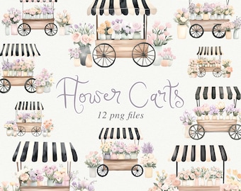 Watercolor Flower Cart Clipart: Flower Market Graphics (PNG, 300 DPI)