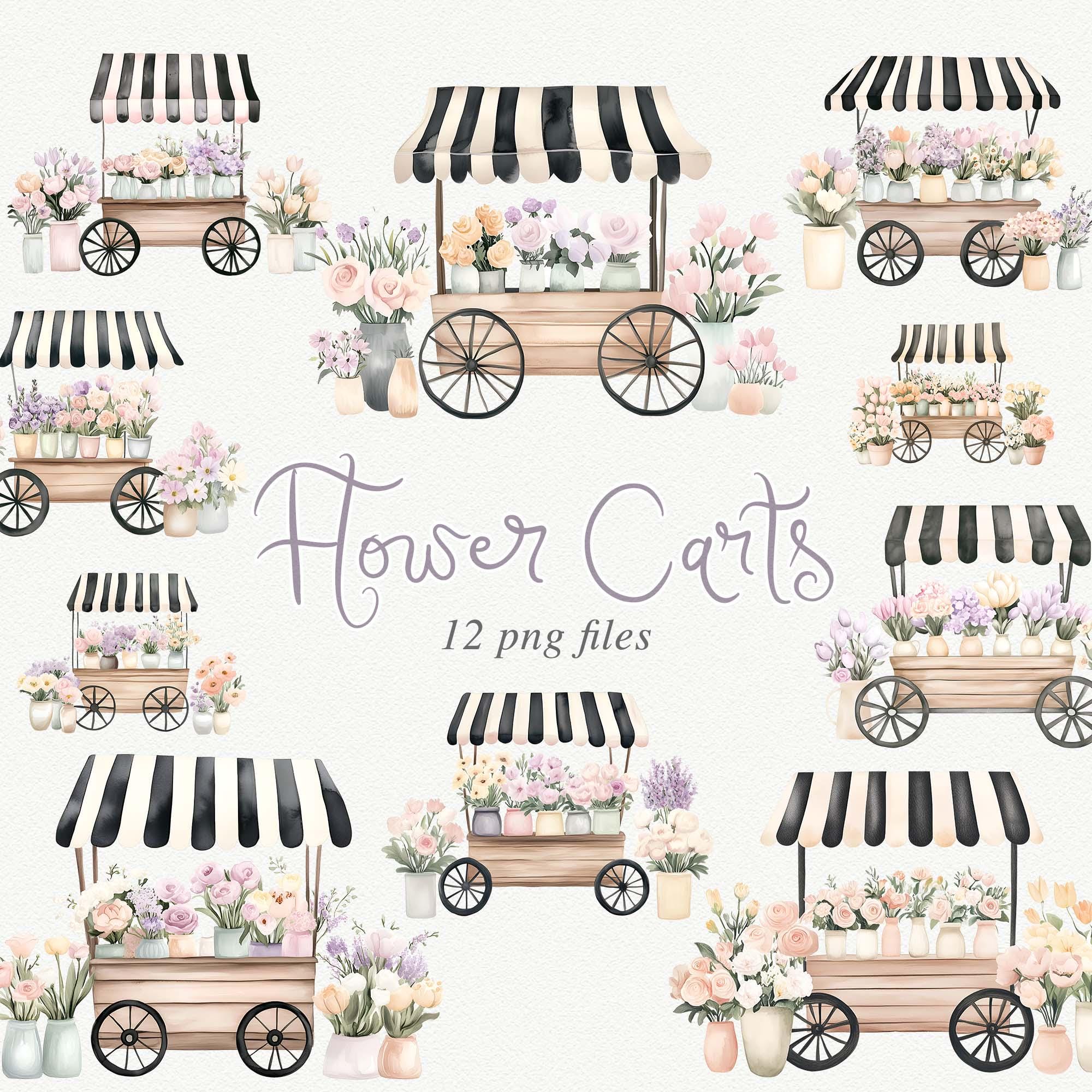 Watercolor Flower Cart Clipart: Flower Market Graphics (PNG, 300 DPI ...