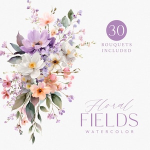 Może przedstawiać: Akwarelowa ilustracja kompozycji kwiatowej w odcieniach fioletu, bieli i brzoskwini, z zielonymi liśćmi. Tekst brzmi "Floral Fields Watercolor" i "30 Bouquets Included".