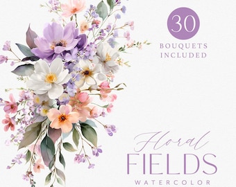Watercolor Purple Peach Wildflower Bouquet Clipart Pack, 30 Lilac Pink Wildflowers Arrangements Png