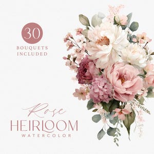 Akvarell vintage rosa elfenbensfärgad blombukett clipartpaket, 30 rosa dammiga rosblommorarrangemang png