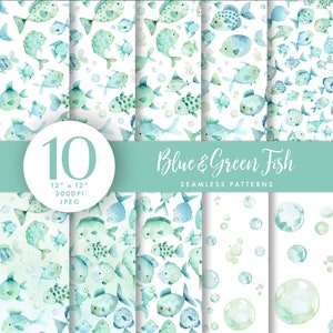 Watercolor Fish Seamless Pattern: Blue & Green Under the Sea (Digital Papers)