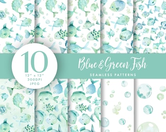 May include: Ten digital paper designs featuring blue and green watercolor fish and bubbles. The designs are seamless and measure 12 inches by 12 inches at 300 DPI. The designs are in JPEG format.