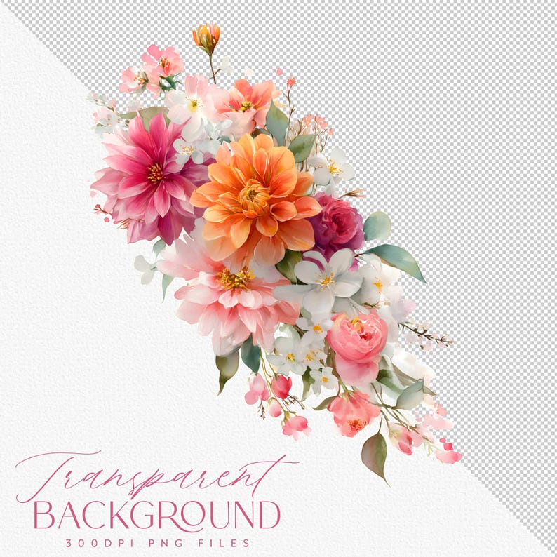 Watercolor Vibrant Pink and Orange Floral Clipart Pack, 30 Fun Bright ...