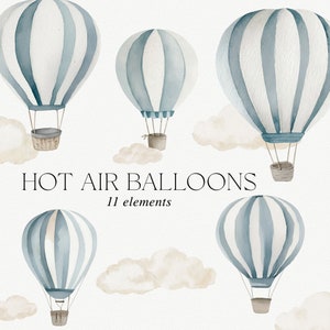 Heteluchtballon clipart, blauwe heteluchtballonnen, heteluchtballon graphics, heteluchtballon illustraties, ballonnen en wolken, babyshower clipart