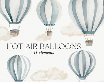 Clipart de globo aerostático azul: Imágenes para baby shower (descarga digital)