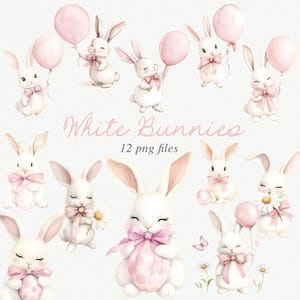 Clipart di coniglietti ad acquerello, clipart di coniglietti di Pasqua ad acquerello, clipart di Pasqua, coniglietti bianchi con palloncini, margherite, uova di Pasqua, fiocchi rosa