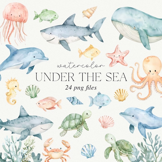 Watercolor Under the Sea Clipart: Pastel Sea Animals (24 PNG)
