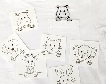 Transferencia de bordado de animales de bolsillo con pegamento y puntada Estabilizador de bordado lavable Patrón de mascota soluble con pegamento y puntada